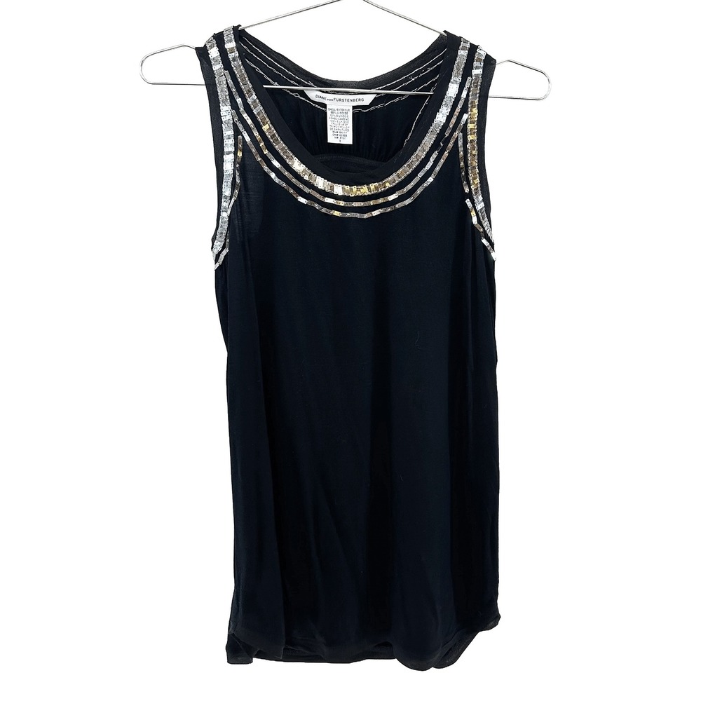 DIANE VON FURSTENBERG Embellished Silk Blend Tank • Small • black silver Chic